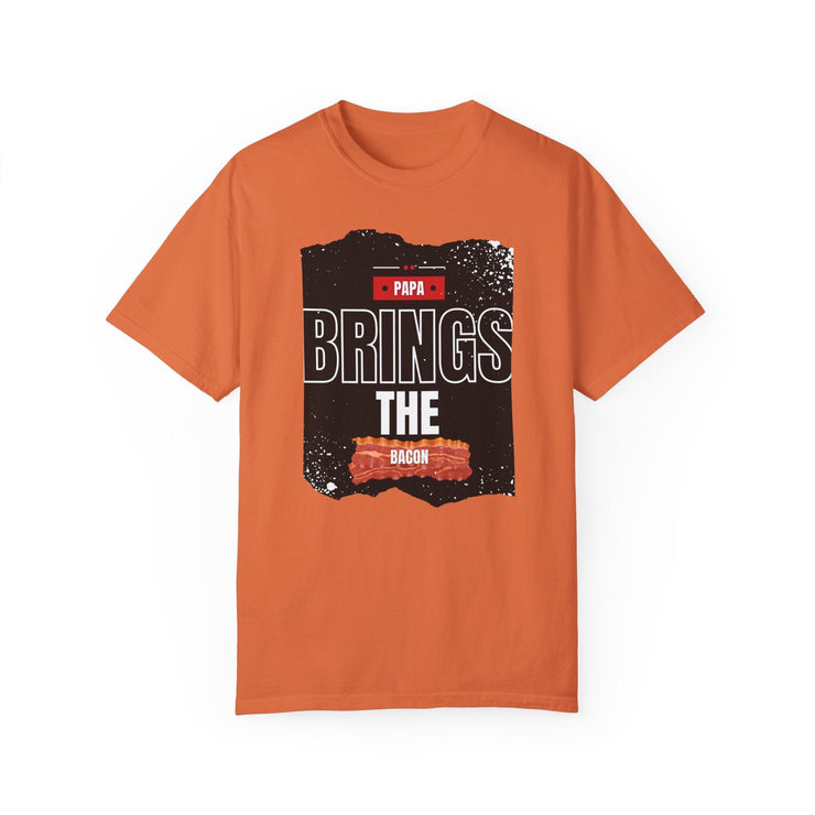 Unisex garment-dyed t-shirt with "Papa Brings the Bacon" design, perfect gift for dads.