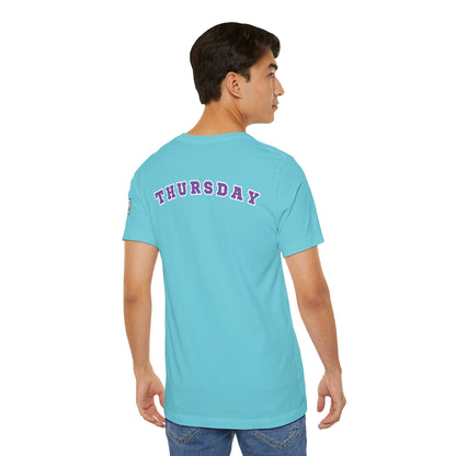 Unisex jersey short sleeve tee in blue with bold Thursday text on back, casual fit for adults