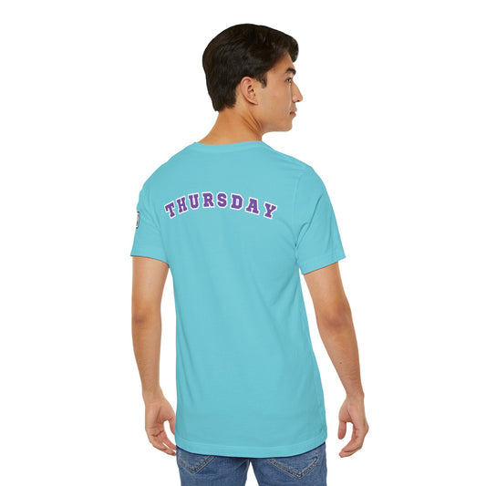 Unisex jersey short sleeve tee in blue with bold Thursday text on back, casual fit for adults