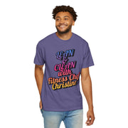 Unisex Garment-Dyed T-shirt with motivational print, 'Lean & Clean with Fitness Chef Christine', in purple, ideal for fitness enthusiasts.