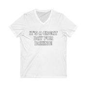 Baking Enthusiast V-Neck Tee with "It's a Great Day for Baking!" slogan in white.