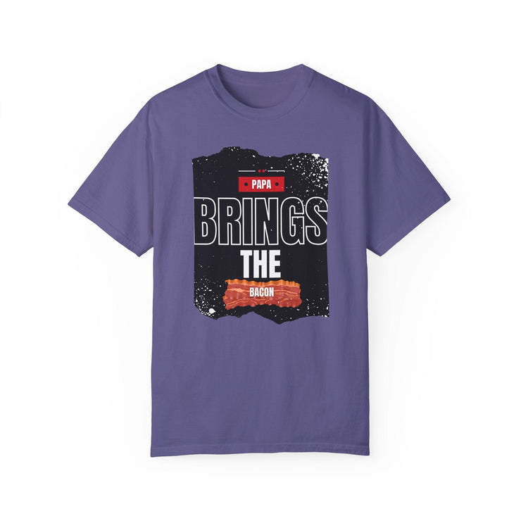 Papa Brings the Bacon unisex garment-dyed t-shirt, perfect gift for dads, featuring vibrant design on soft cotton fabric.