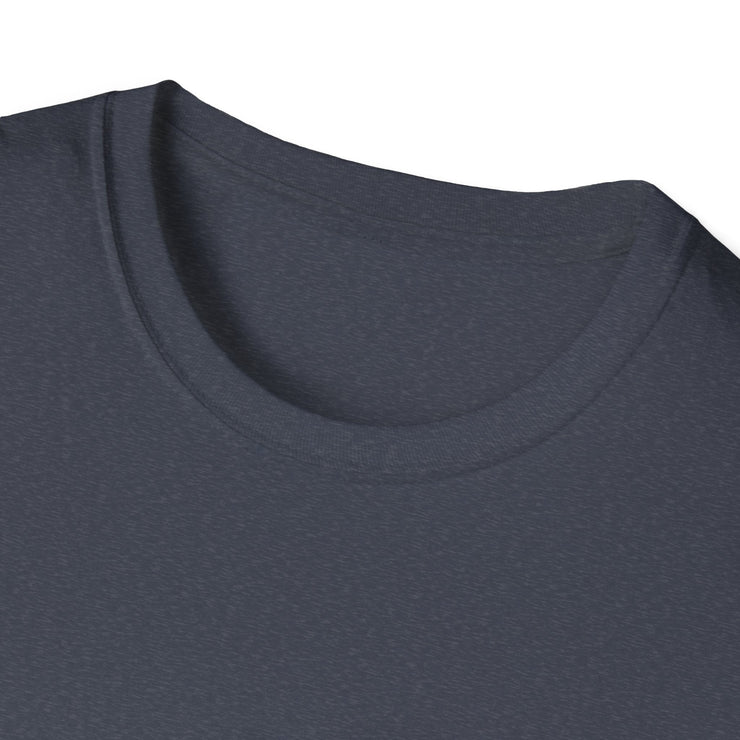Unisex Softstyle T-Shirt collar in dark fabric.