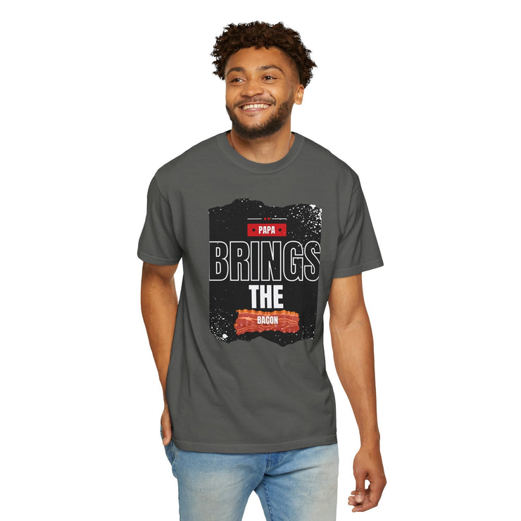 Unisex garment-dyed t-shirt with "Papa Brings the Bacon" design, perfect for dads, available in sizes S to 4XL.