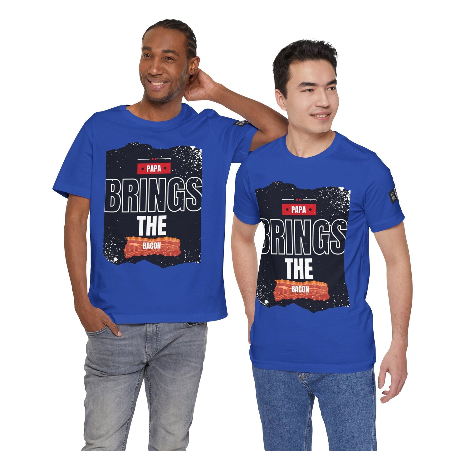 Two men wearing blue Funny Dad Joke Short Sleeve Tees with "Papa Brings The Bacon" text and bacon graphic design