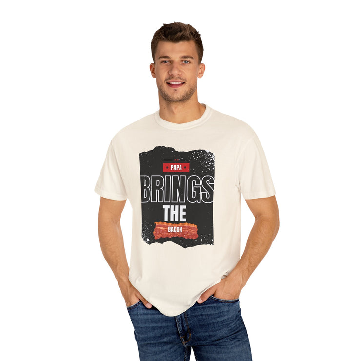 Unisex garment-dyed T-shirt featuring "Papa Brings the Bacon" design, perfect gift for dads.