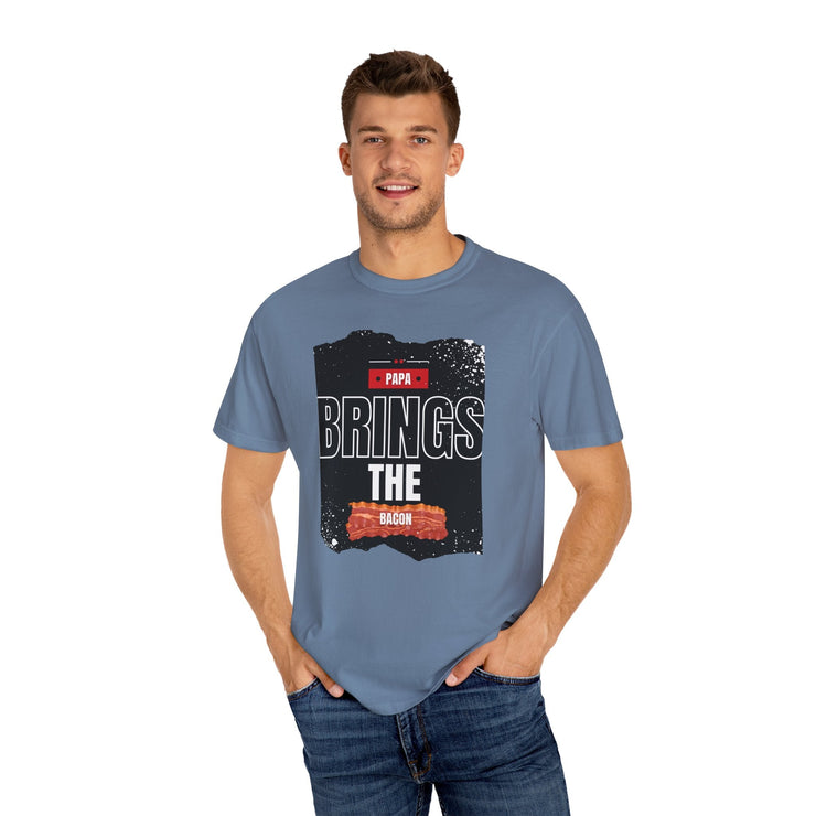 Unisex garment-dyed t-shirt with "Papa Brings the Bacon" design, perfect gift for dads.