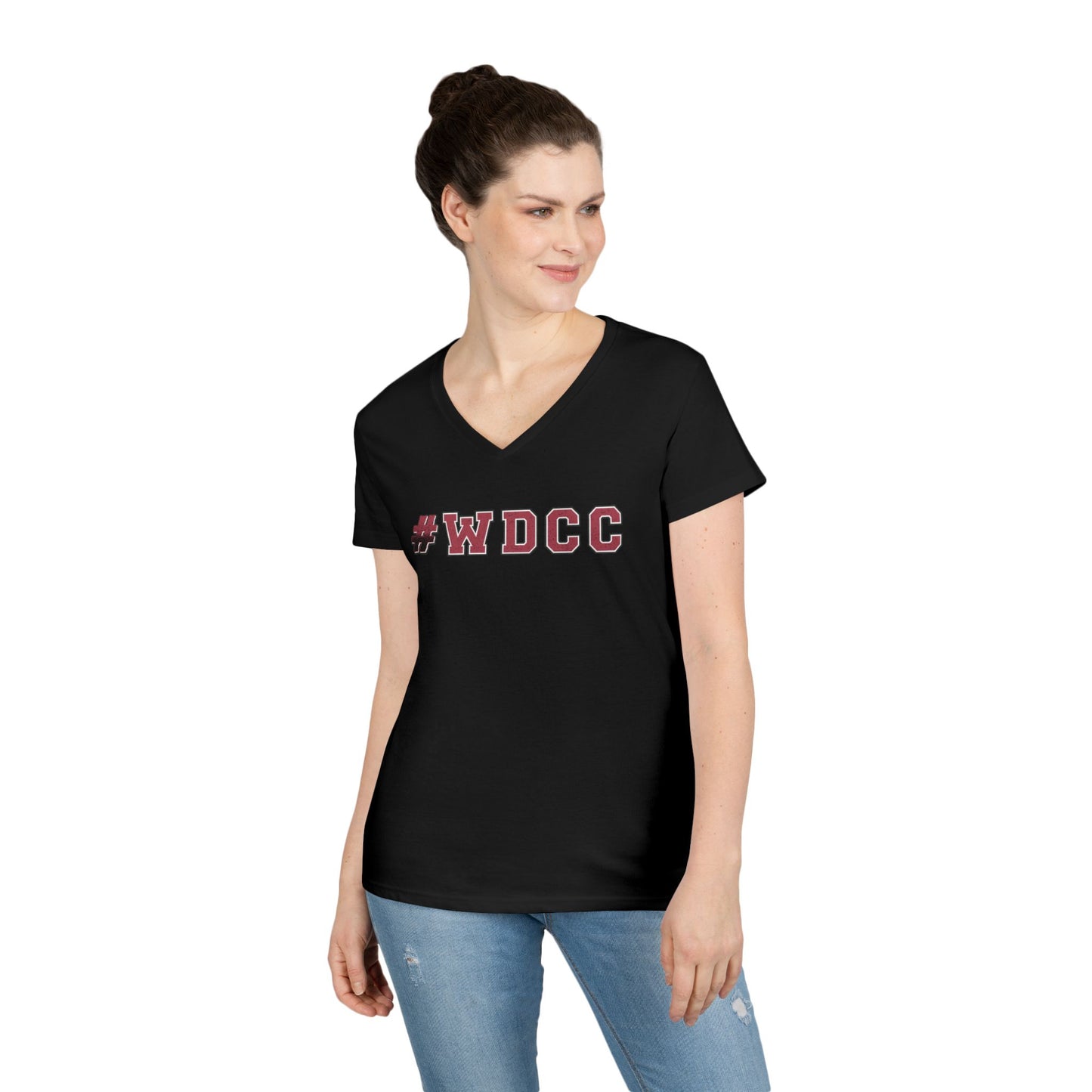 Stylish V-Neck T-Shirt with #WDCC Design, Casual Wear, Gift for Friends, Trendy Outfit, Everyday Style, Summer Fashion
