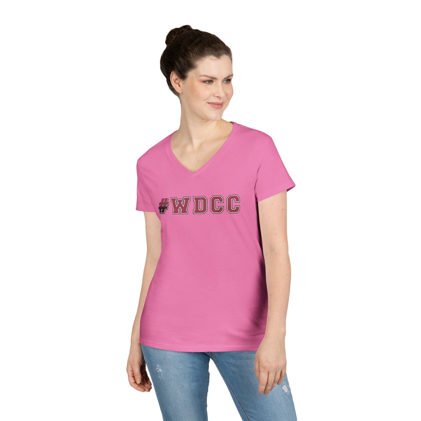 Stylish V-Neck T-Shirt with #WDCC Design, Casual Wear, Gift for Friends, Trendy Outfit, Everyday Style, Summer Fashion