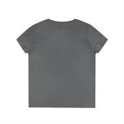 Gray ladies' V-neck T-shirt with inspiring message, made from 100% cotton.