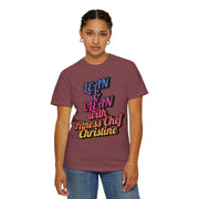 Unisex Garment-Dyed T-shirt in maroon with "Lean & Clean with Fitness Chef Christine" text.