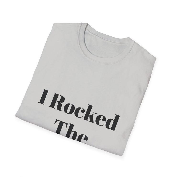 Motivational unisex softstyle t-shirt with "I Rocked The Challenge" text, folded.
