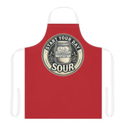Personalized red chef's apron with 5-color strap options and "Start Your Day Sour" graphic.