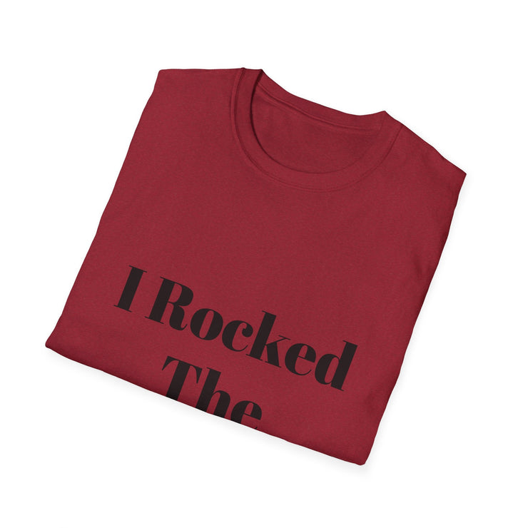 Unisex softstyle t-shirt, red, "I Rocked The Challenge" text, folded.