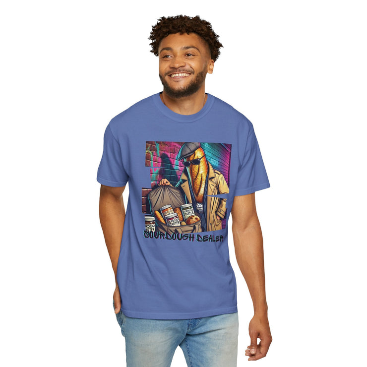 Unisex Sourdough Dealer T-Shirt in blue with vibrant graphic design, casual elegance, available in sizes S to 4XL.