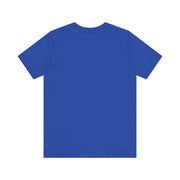 Blue unisex jersey short sleeve tee, back view.