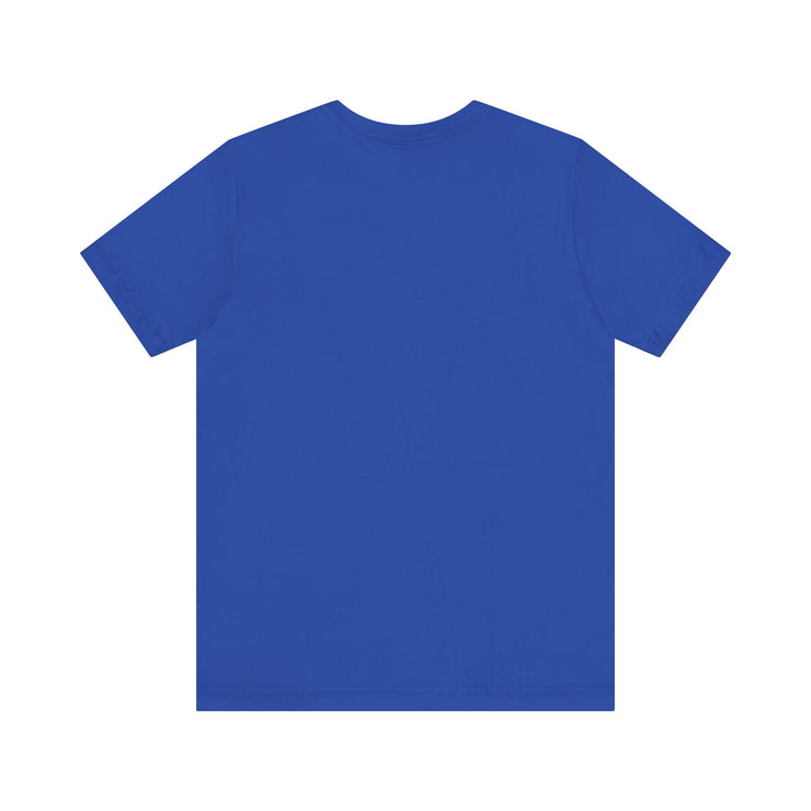 Blue unisex jersey short sleeve tee, back view.
