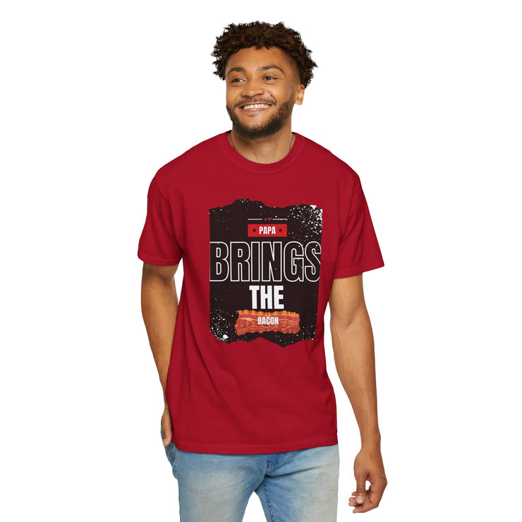 Unisex garment-dyed T-shirt with "Papa Brings the Bacon" design, perfect gift for dads.