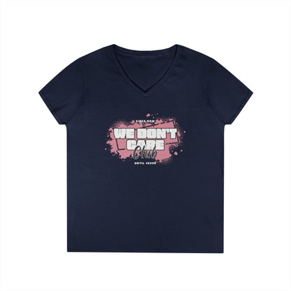 We Don't Care Club Ladies' V-Neck T-Shirt, Casual Wear, Gift for Friends, Relaxed Fit, Fun Statement Tee