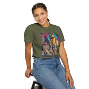 Unisex garment-dyed Sourdough Dealer T-Shirt in green with playful print design, worn by model.