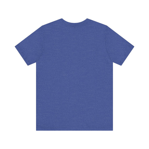 Unisex jersey short sleeve tee in blue, back view.