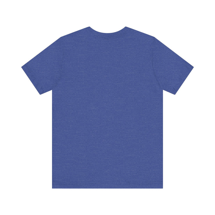 Unisex jersey short sleeve tee in blue, back view.