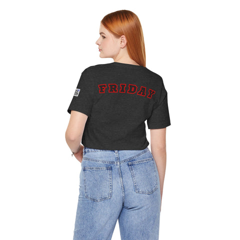 Woman wearing black Day of the week Tee with bold "FRIDAY" lettering on back and casual blue jeans