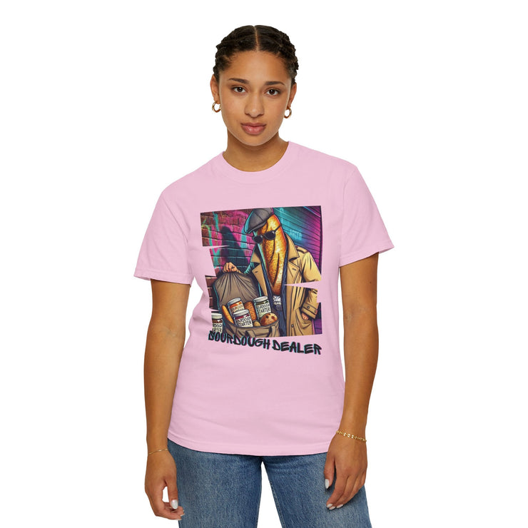 Sourdough Dealer T-Shirt, unisex garment-dyed, pink color, artistic design, casual wear.