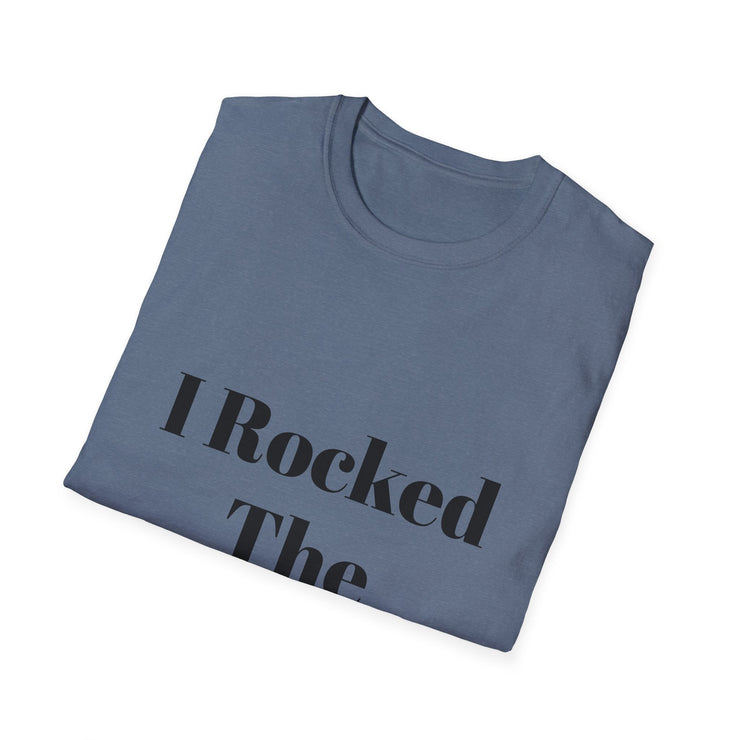 Unisex Softstyle T-Shirt with "I Rocked The Challenge" text, folded, in blue.