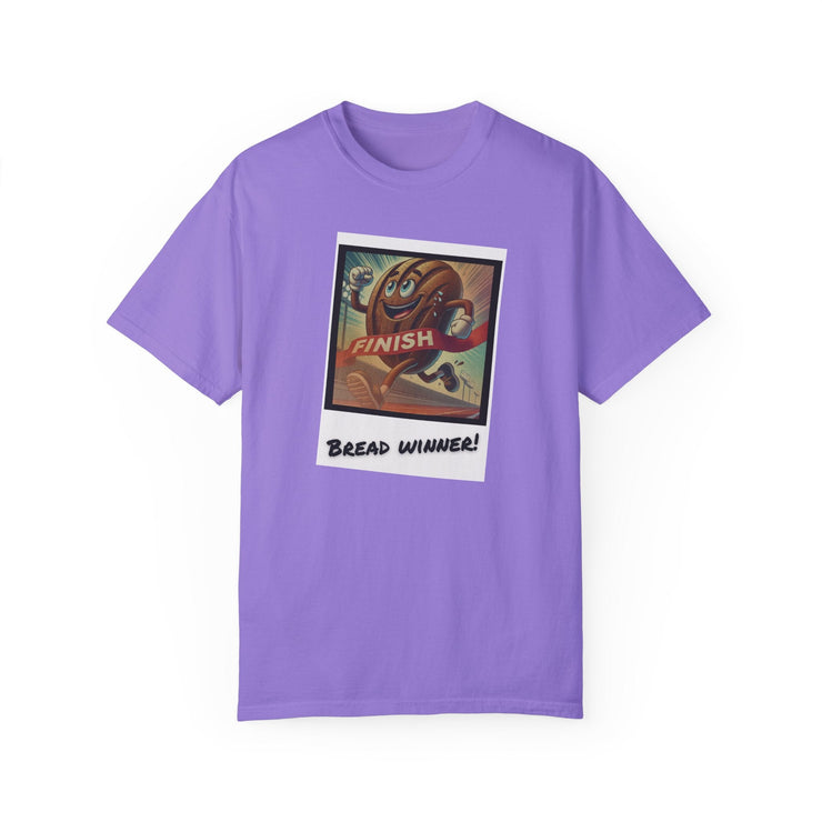 Unisex Bread Winner T-Shirt in purple with fun graphic design, garment-dyed for softness and style.