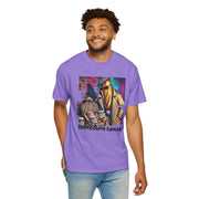 Man wearing purple Sourdough Dealer T-Shirt with colorful print, casual fit.