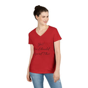 Ladies' V-Neck T-Shirt in red with "Yes! You Should Record This" text.
