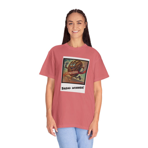 Unisex Bread Winner T-Shirt in red, featuring vibrant design and garment-dyed finish for softness.