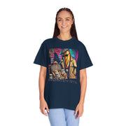 Sourdough Dealer T-Shirt featuring vibrant artwork, worn by model, casual style.