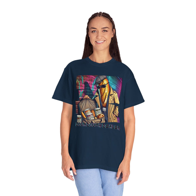 Sourdough Dealer T-Shirt featuring vibrant artwork, worn by model, casual style.