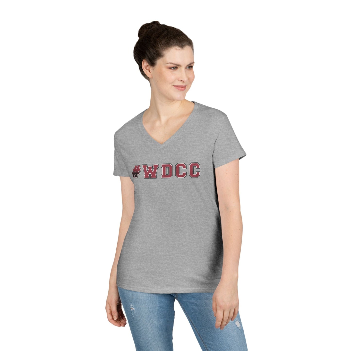 Stylish grey V-neck T-shirt with #WDCC design for casual wear and summer fashion.