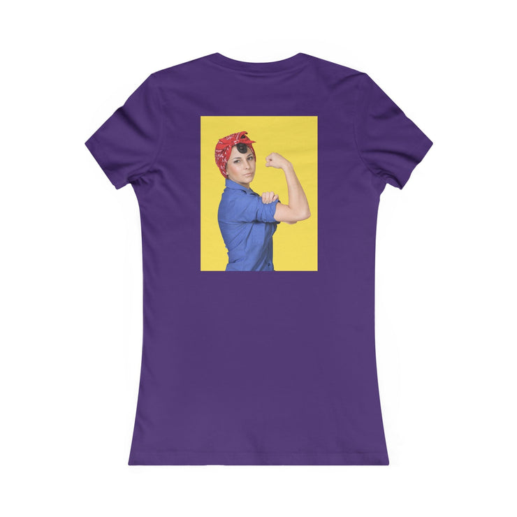 Purple tee with "NEVER TOO OLD TO BE BOLD" text, displaying a vintage-style empowered woman graphic on the back.