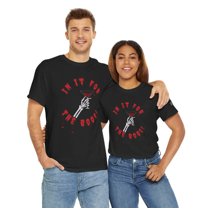 Couple wearing black Halloween Party Tee with skeleton hand holding martini glass and red "In It For The Boos" text