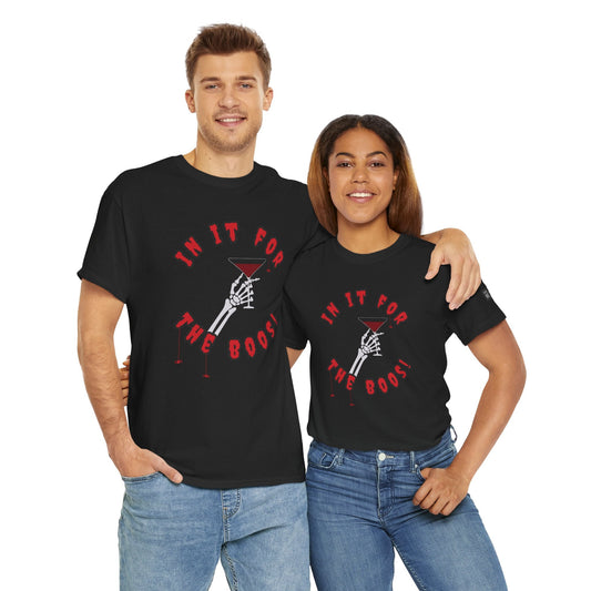 Couple wearing black Halloween Party Tee with skeleton hand holding martini glass and red "In It For The Boos" text