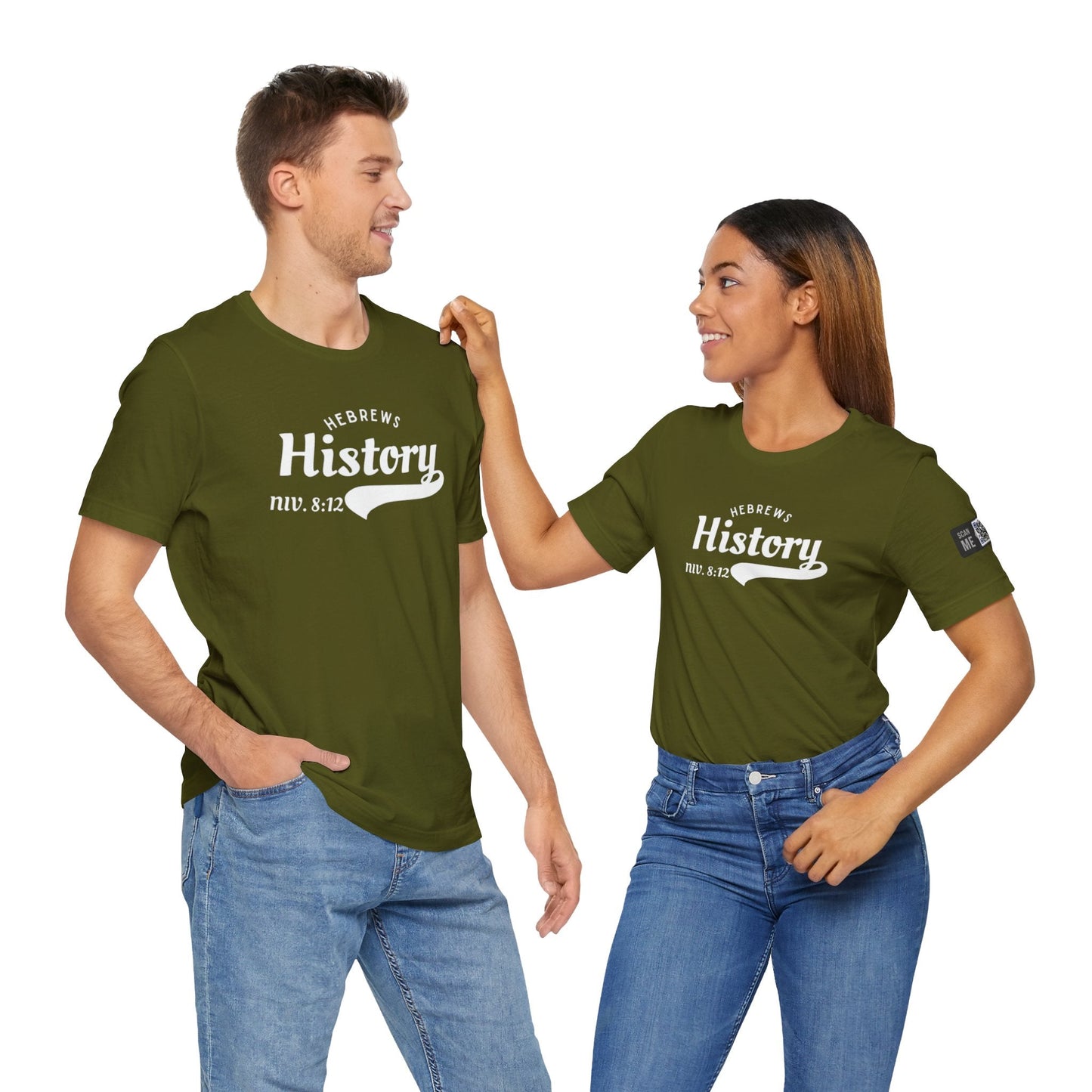 Unisex olive green Bible verse t-shirt with Hebrews 8:12 scripture and "History" text, breathable cotton streetwear for faith fashion inspired by scripture.
