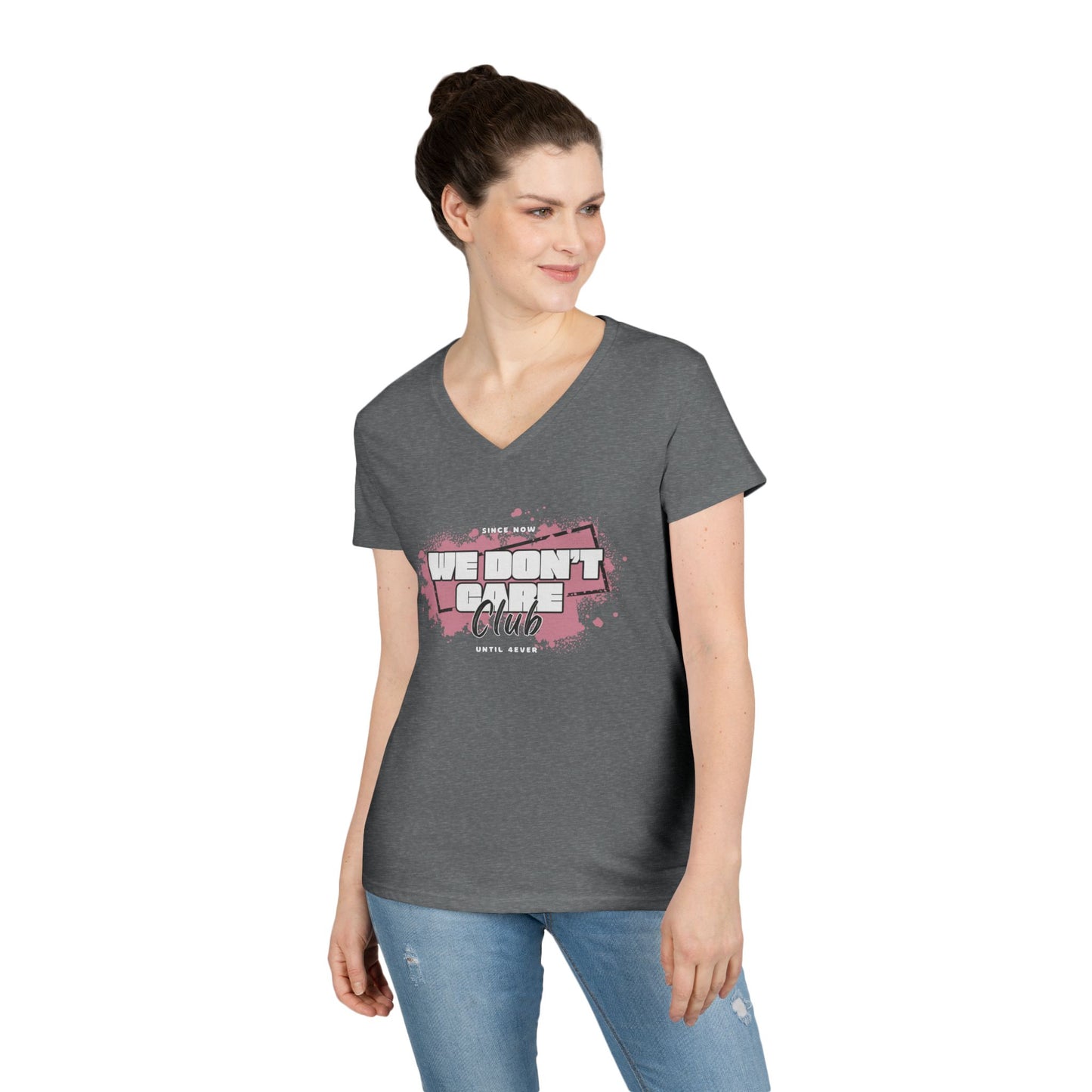 We Don't Care Club Ladies' V-Neck T-Shirt, Casual Wear, Gift for Friends, Relaxed Fit, Fun Statement Tee
