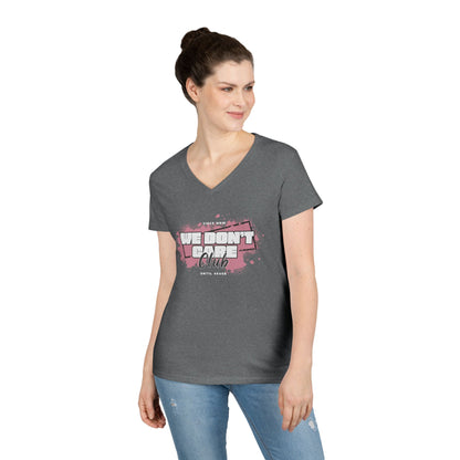 We Don't Care Club Ladies' V-Neck T-Shirt, Casual Wear, Gift for Friends, Relaxed Fit, Fun Statement Tee