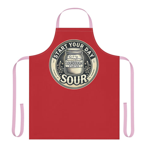 Apron with "Start Your Day Sour" design, featuring 5-color straps and tie-back closure.
