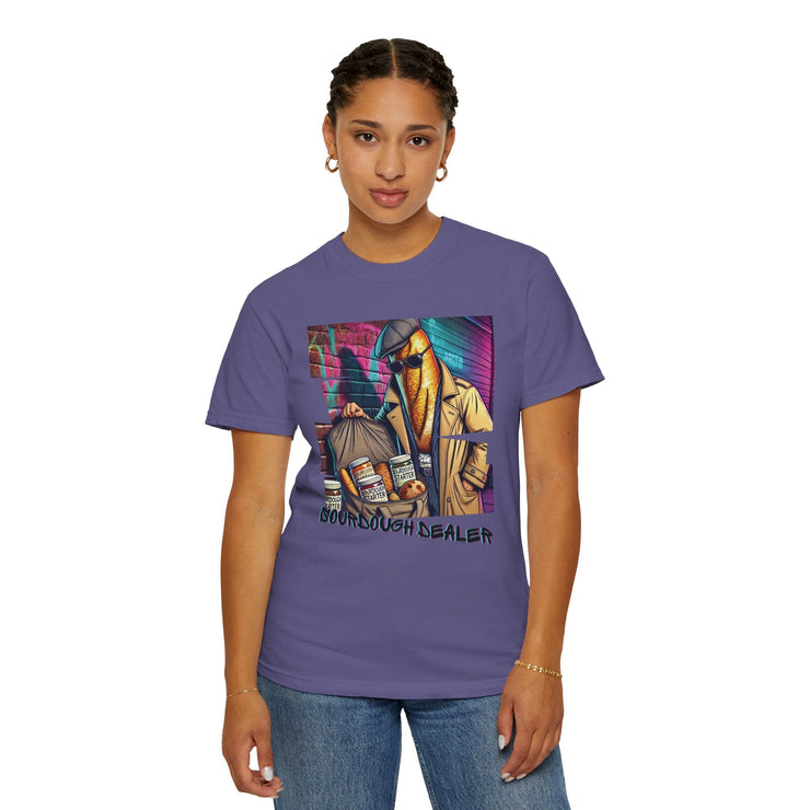 Unisex Sourdough Dealer T-Shirt with playful artwork on a garment-dyed cotton fabric.