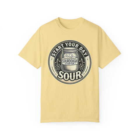 Comfort Colors 1717 tee with sourdough starter design, in soft yellow.