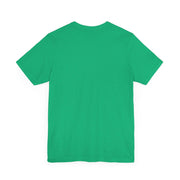 Green unisex jersey short sleeve tee with ribbed knit collar.