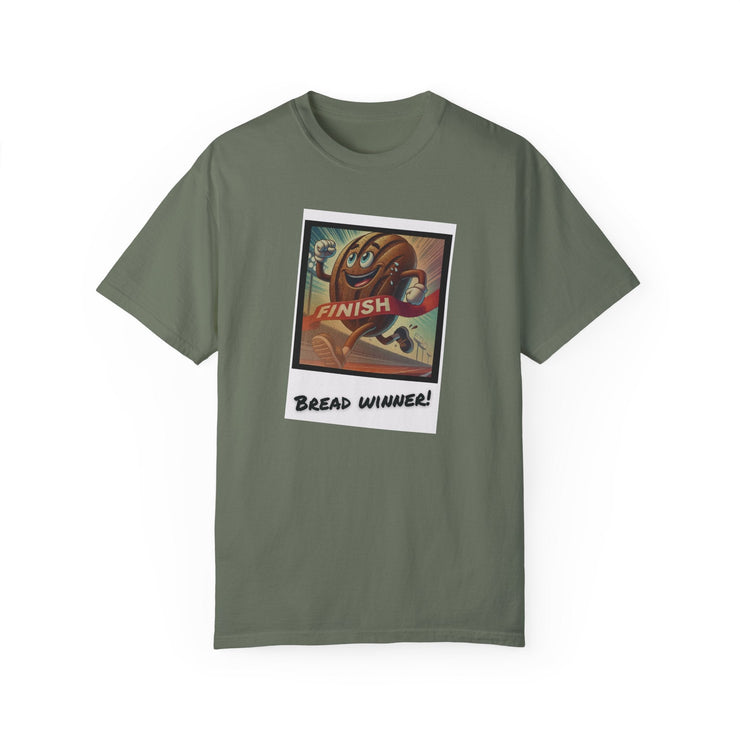 Unisex Bread Winner T-Shirt with graphic print, garment-dyed for softness, made from 100% US cotton.