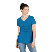 Ladies' V-Neck T-Shirt with "Yes! You Should Record This" graphic in blue, semi-fitted cotton design.