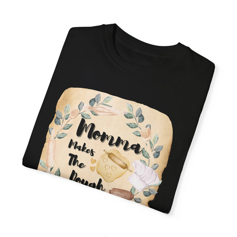 Unisex garment-dyed T-shirt with "Momma Makes the Dough" design, ideal for baking enthusiasts.