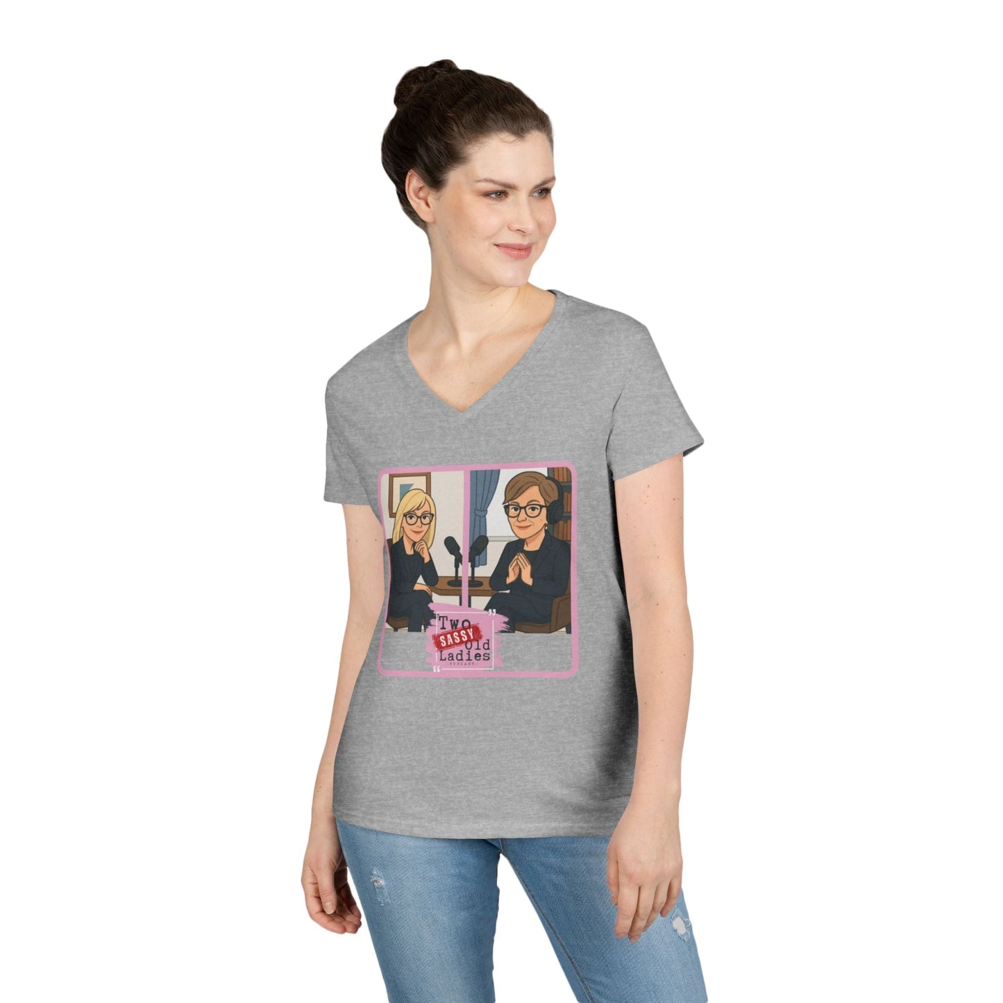 Sassy ladies' V-neck T-shirt with humorous design, perfect for birthdays and casual wear.